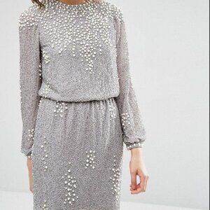 ASOS Silver Pearl Embellished Beaded Cocktail Mini Dress Long Sleeve Party 0